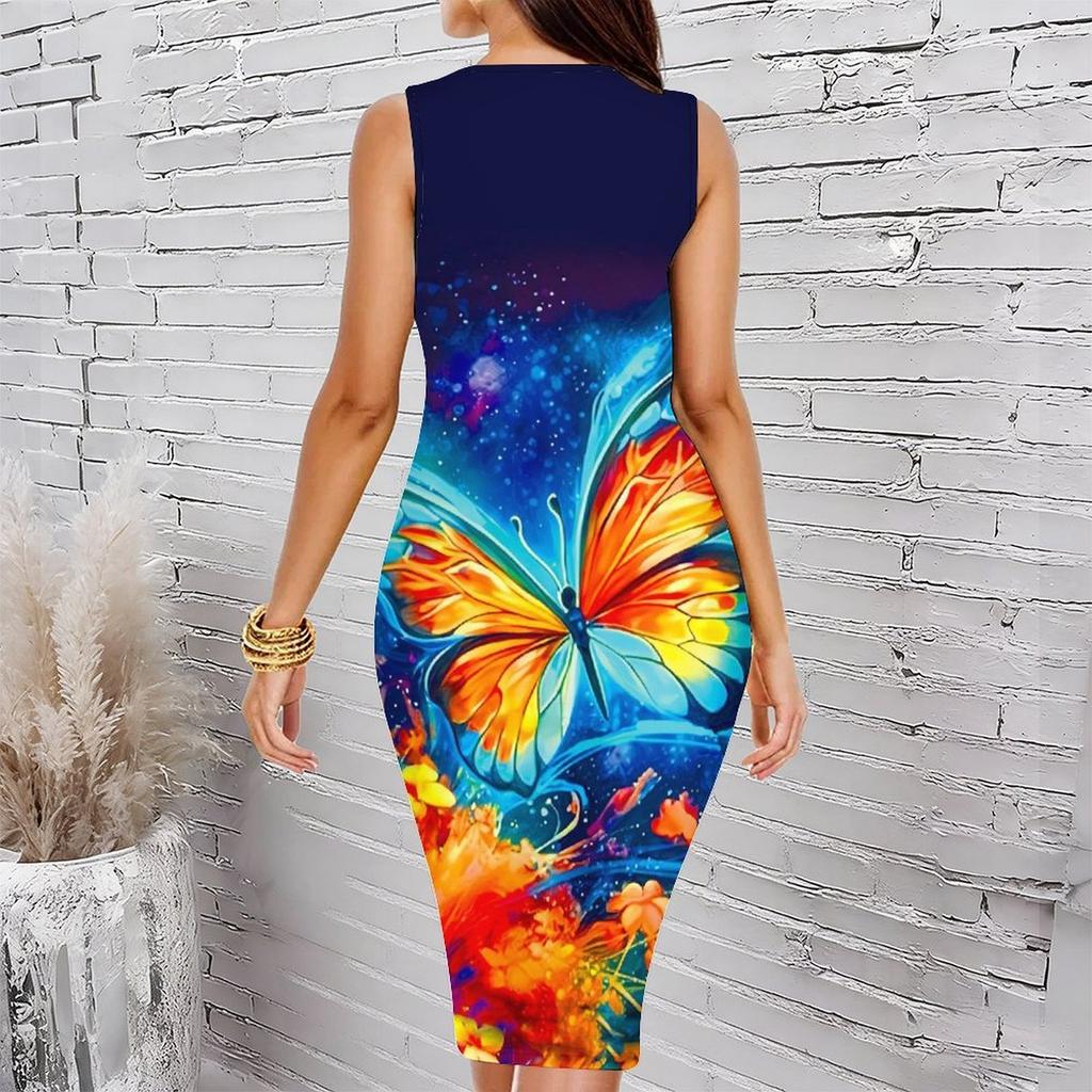 Women Plus Size Crew Neck Sleeveless Midi Dress Pink Glitter Sparkling Butterfly Print Bodycon Dress