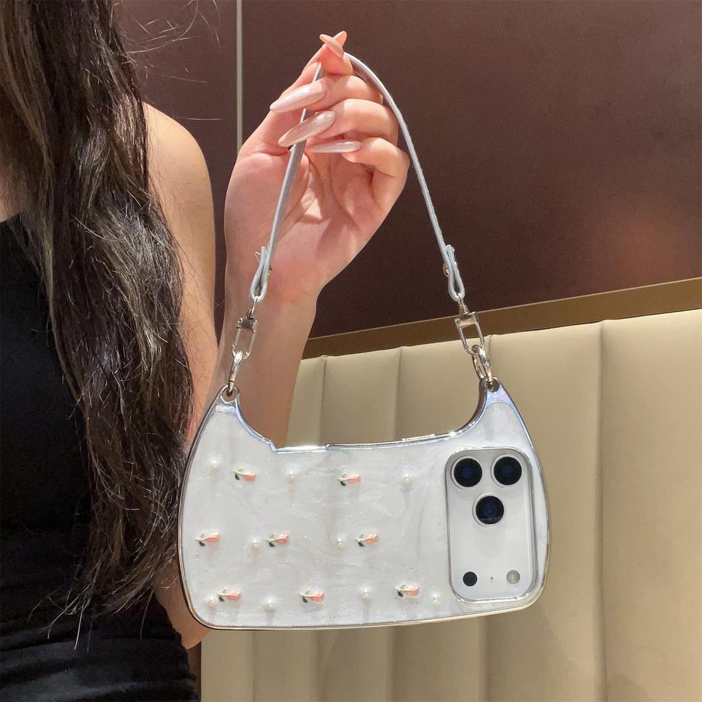 Elegant Pink Rose Pearl Shoulder Phone Case for iPhone 12-17 Series — Adjustable Strap, Mirror Metallic Frame