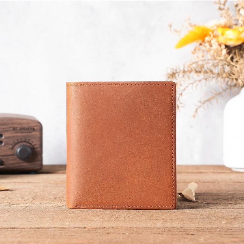2025 Unisex Vintage Crazy Horse Full-Grain Wallet vertical Bifold Leather Card Holder Retro Brown for Students Daily/Travel Use