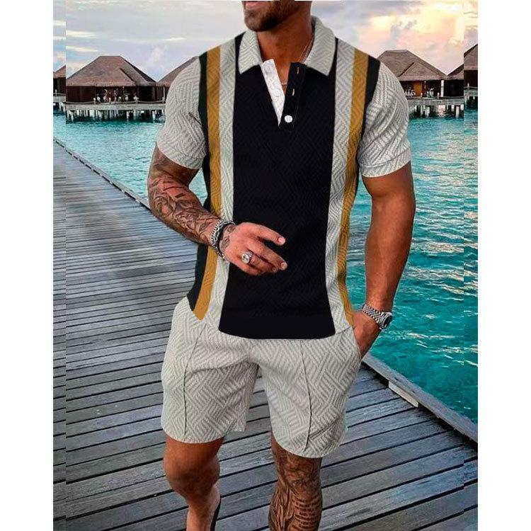 New Men'S Summer Fashion Casual Polo Shirt Collar Casual Set Collar Shorts Set Sports Men'S Solid Color T-Shirt Shorts Running Training Set
