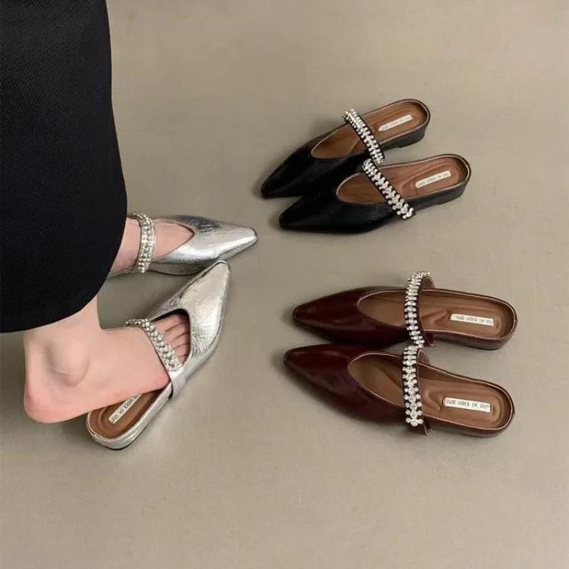 Fashion New Hot Baotou Half Slippers Female Summer Luxury Designer Pointed Rhinestone Temperament Girls Small Height Wedge Sandals