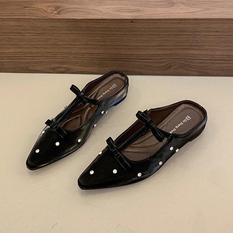 Soft Leather Version~ Baotou Half Slippers Sweet Sandals French Evening Wind Rhinestone Pointed Bow Empty Muller Shoes
