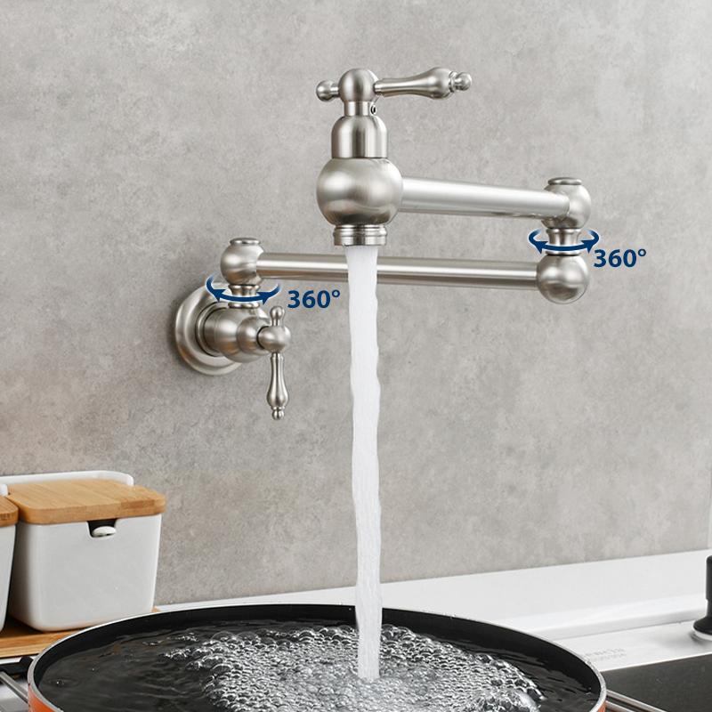 Antique Wall-Mounted Brass Kitchen Faucet Brushed Gold Single-Hole Double-Switch Sink Rotatable And Foldable Single Cold Wall