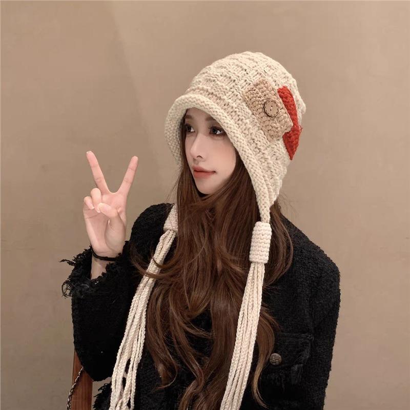 New Fashion Sticker Fringed Knitted Hat Women's Autumn and Winter Warm Wool Hat Christmas Little Red Riding Hood Shows Small Face