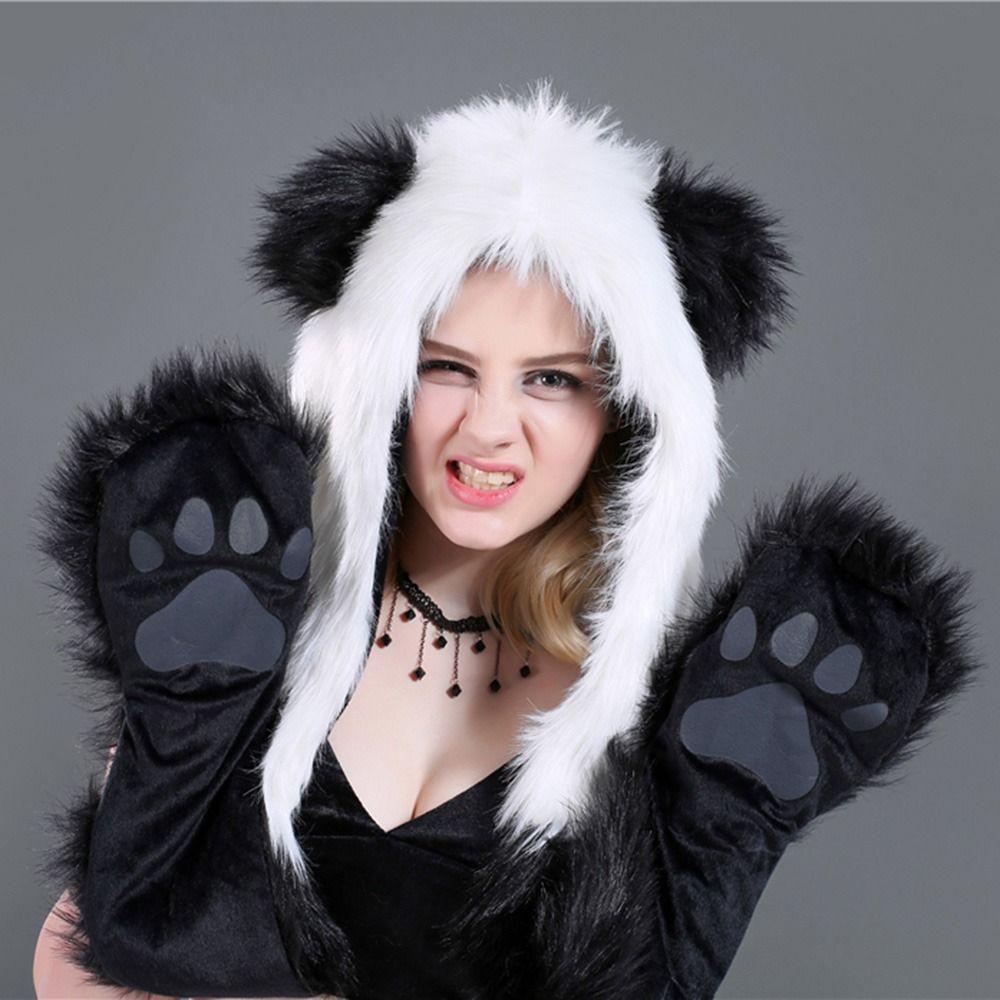 Fluffy Plush Scarf Gloves Hat Set Warm Animal Hat Windproof Winter Cap  Outdoor