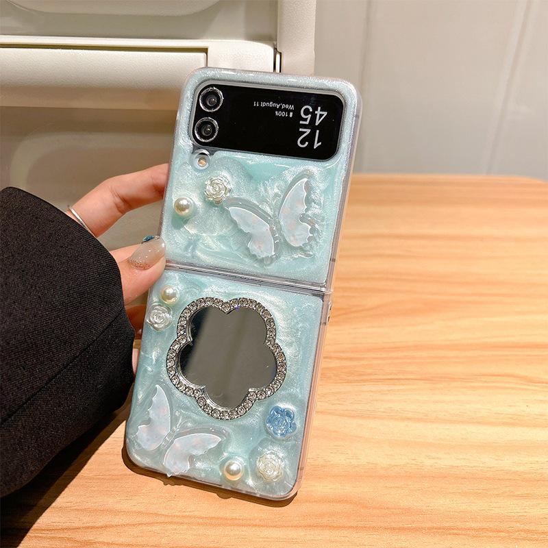 Rhinestone Flower Mirror Phone Case for Samsung Z Flip 7/ Z Fold 8 - New Butterfly Style for Women