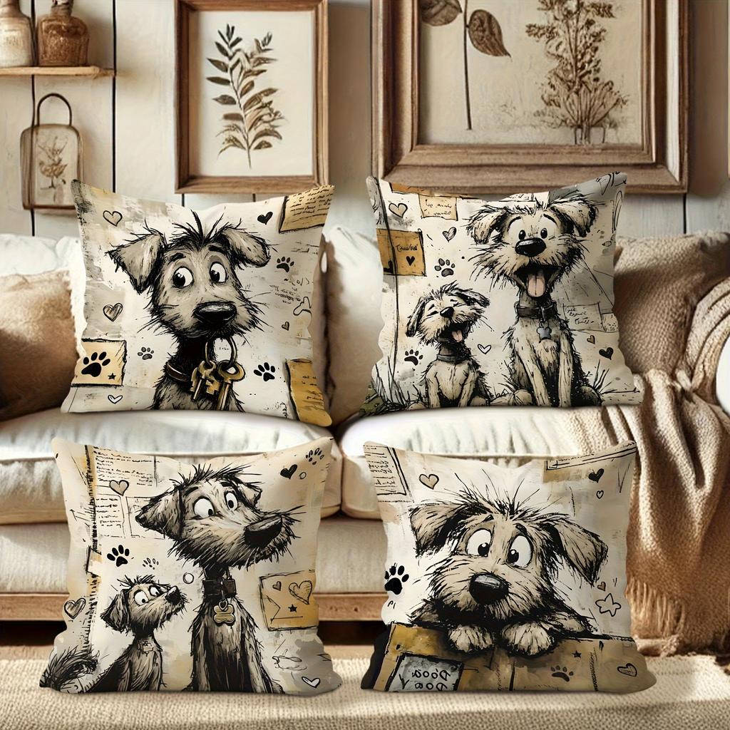 1/4pcs Cute Dog Illustrations Printed Pillowcases Sofa Cushion Cover Home Bedroom Room Decoration