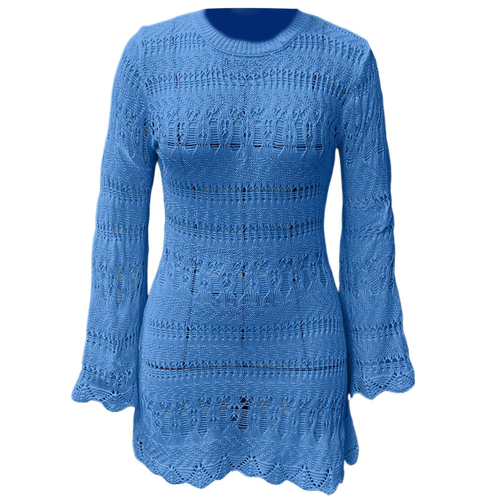 Women Crochet Beach Dress Bathing Suit Cover Up Female Long Sleeves Beach Cover Up Hollow Out Swimsuit Cover Up