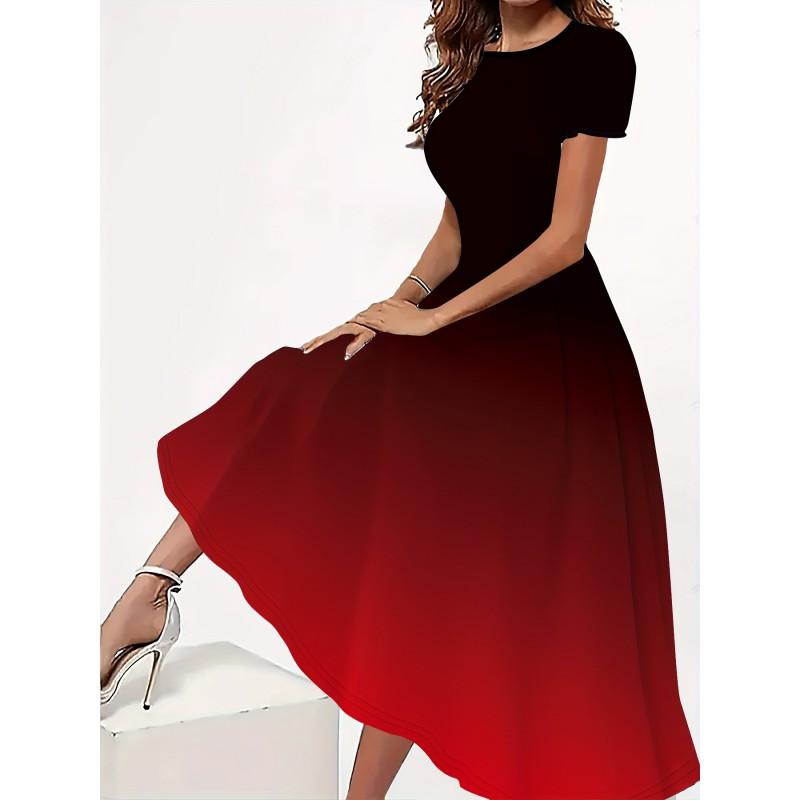 Womens Loose Fit Cotton Print Short Sleeve Round Neck Midi Dress Casual Wear