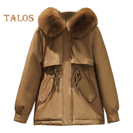 

Зимняя женская куртка с меховым капюшоном, длинными рукавами, утепленным шнурком на талии, карманами, хлопковым пальто, застежкой-молнией, средней длины, однотонное ветрозащитное теплое пальто M кофейный