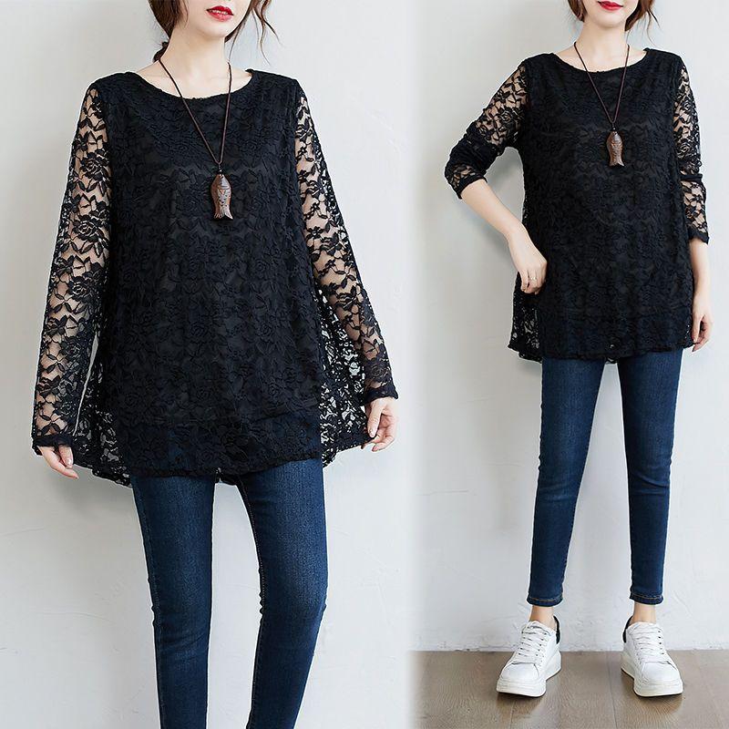 Spring Autumn Women's Round Neck Lace Blouse Mid-Length Loose Hollow-Out Plus Size Blouse