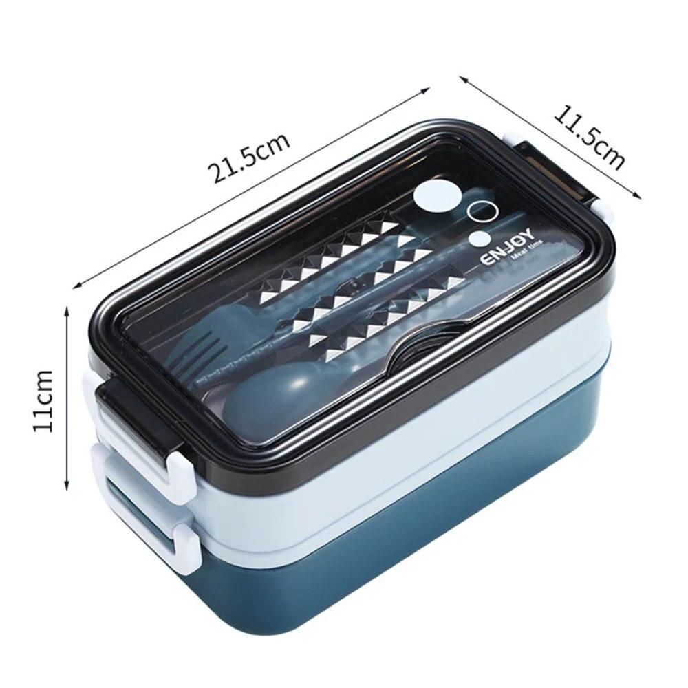 

Двухслойный ланч-бокс с переносным отделением, пищевая коробка для микроволновки с вилкой, палочками и ложкой, коробка для пикника и свежей еды синий