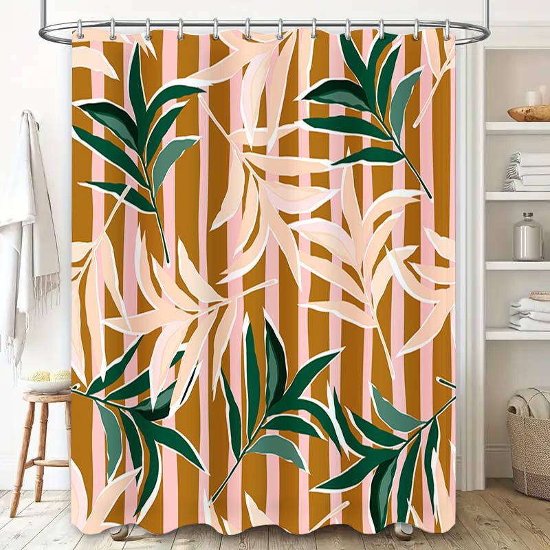 Luxusdruck Duschvorhang Wasserdichter Stoff Heimdekoration Badezimmerdekorationen Modernes Design Blattmuster Wandbehang (Rosa