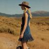 V-neck Faux Suede Lapel Tassel Dress with Zipper