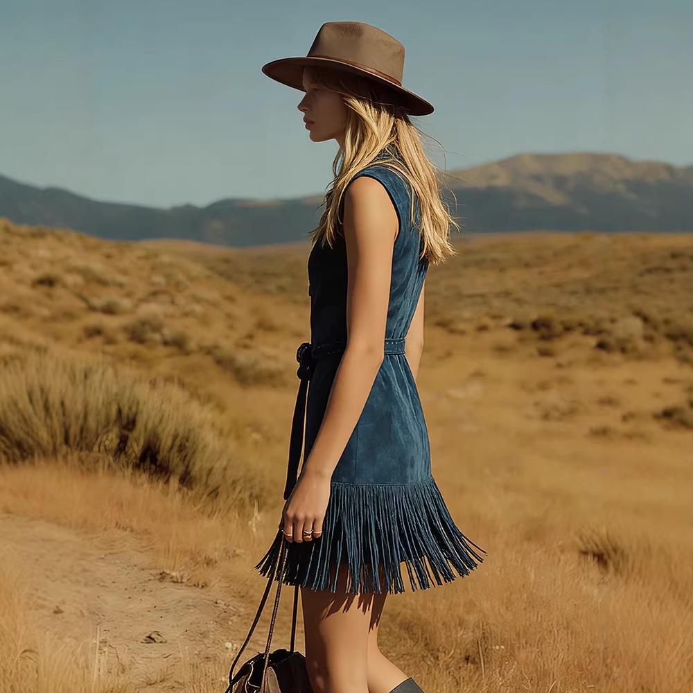 V-neck Faux Suede Lapel Tassel Dress with Zipper