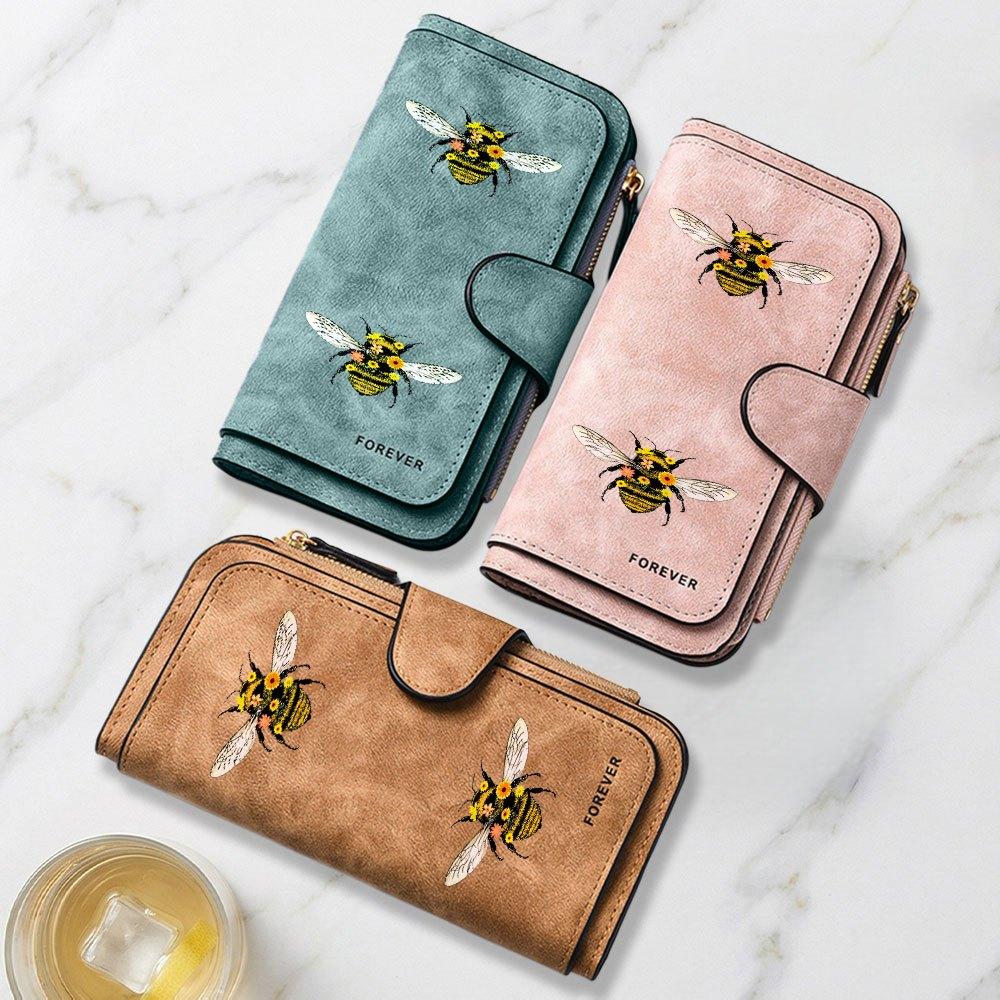 Long wallet with bee illustration and flower print multifunctional portable snap closure coin purse suitable for both men and women daily use travel