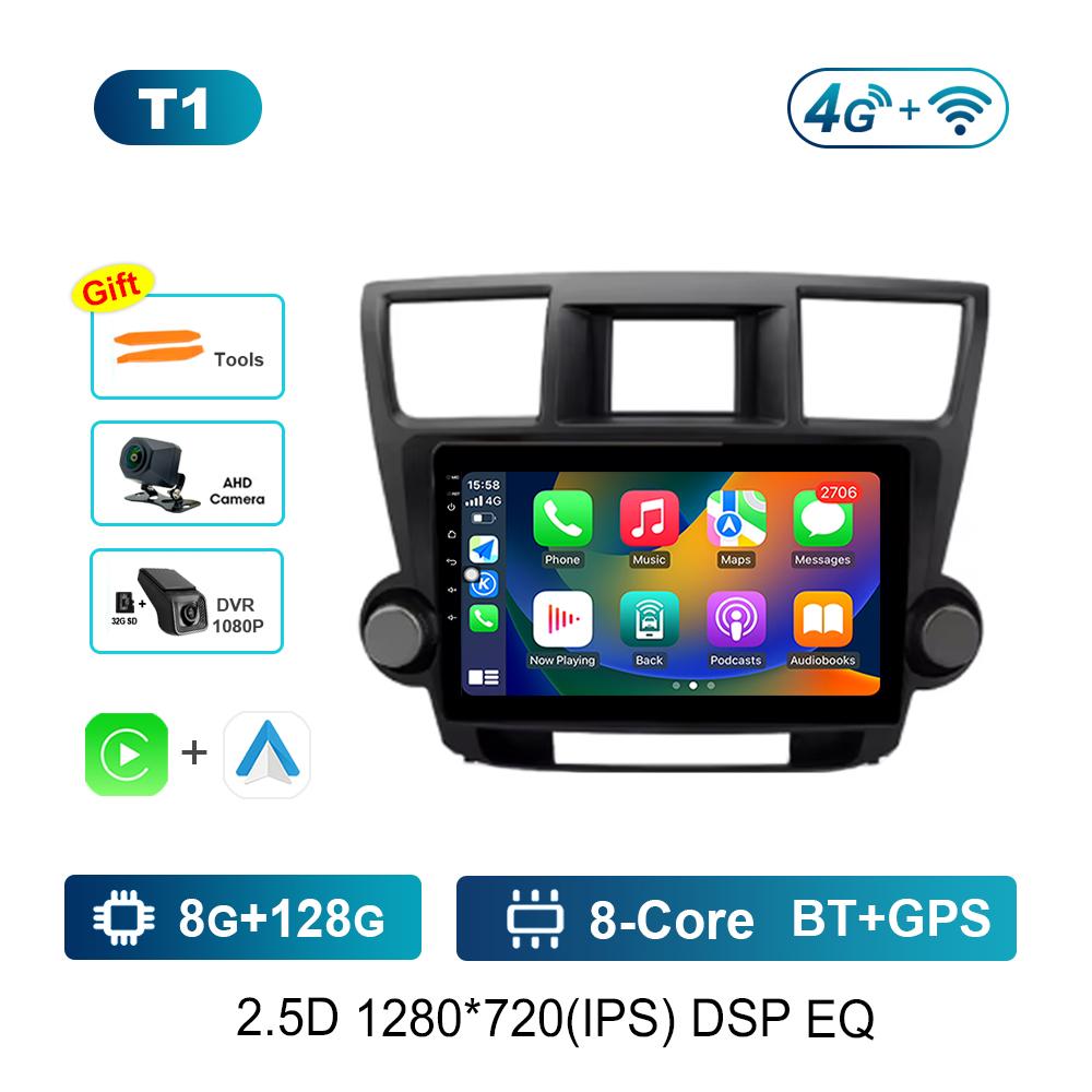 Navigation GPS Car Video Multimedia Player for Toyota Highlander 2007 - 2013 WiFi BT Android OS 4G Carplay Auto Tools DSP Stereo