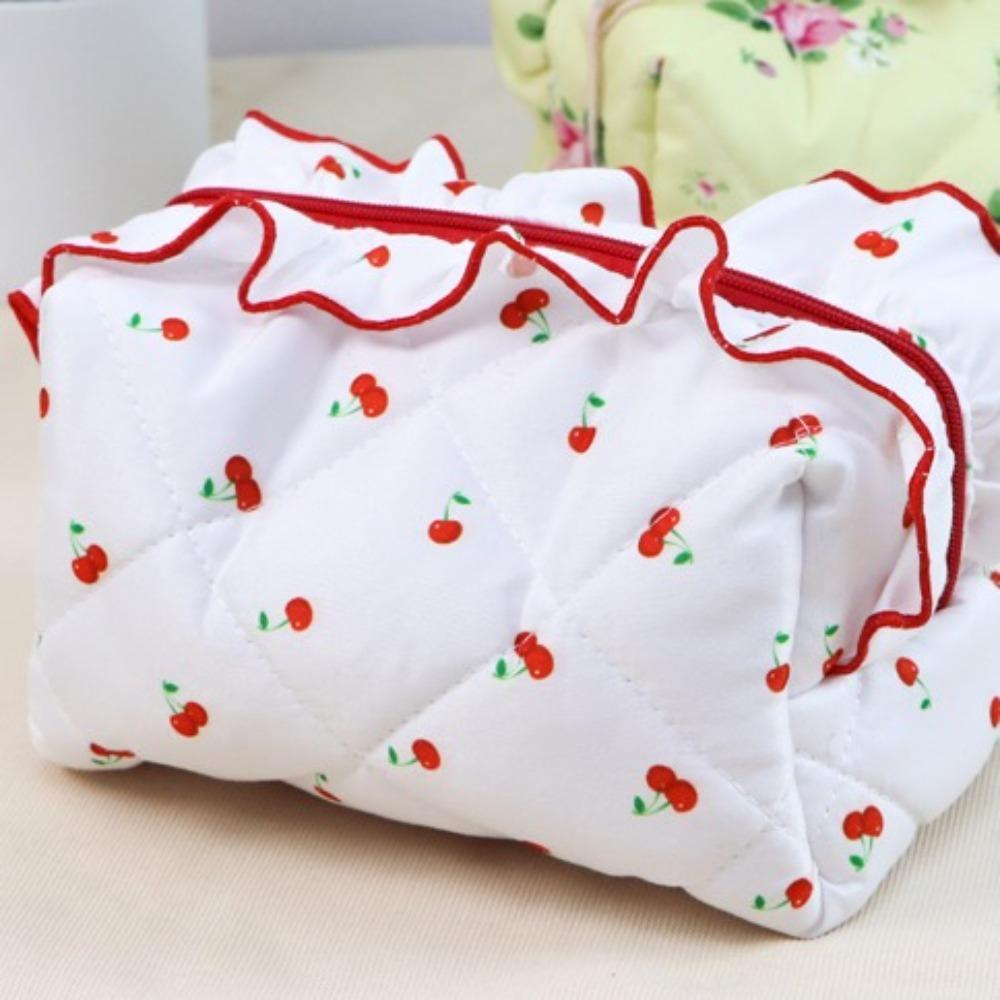 Large Capacity Ruffle Makeup Bag Cherry Printed Wash Storage Bag Sweet Toiletry Organizer Skincare