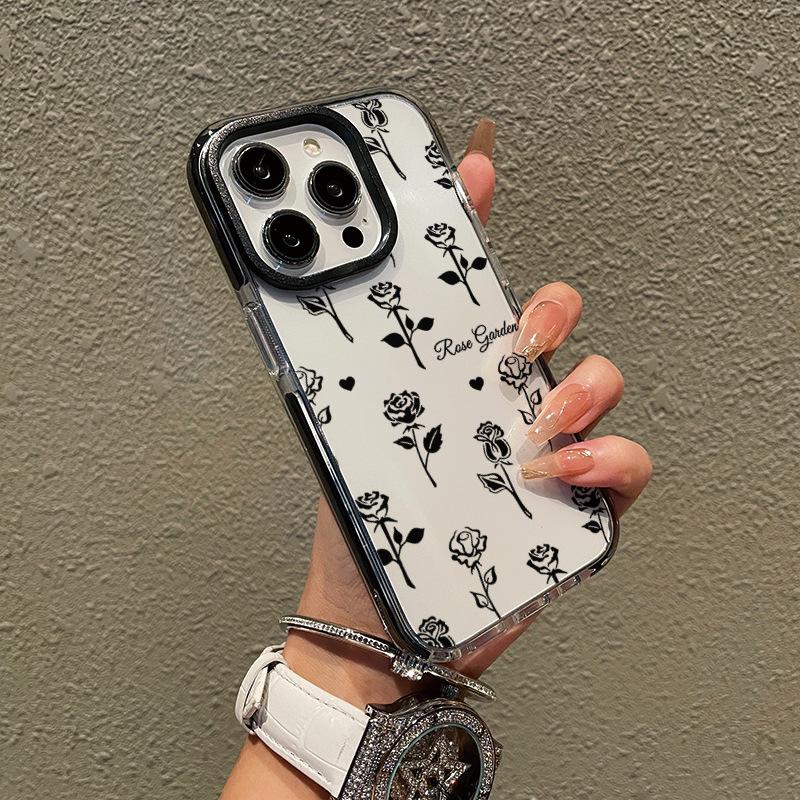 Ins wind black rose mobile phone case premium sketch flower iPhone17 promax anti-drop protective case