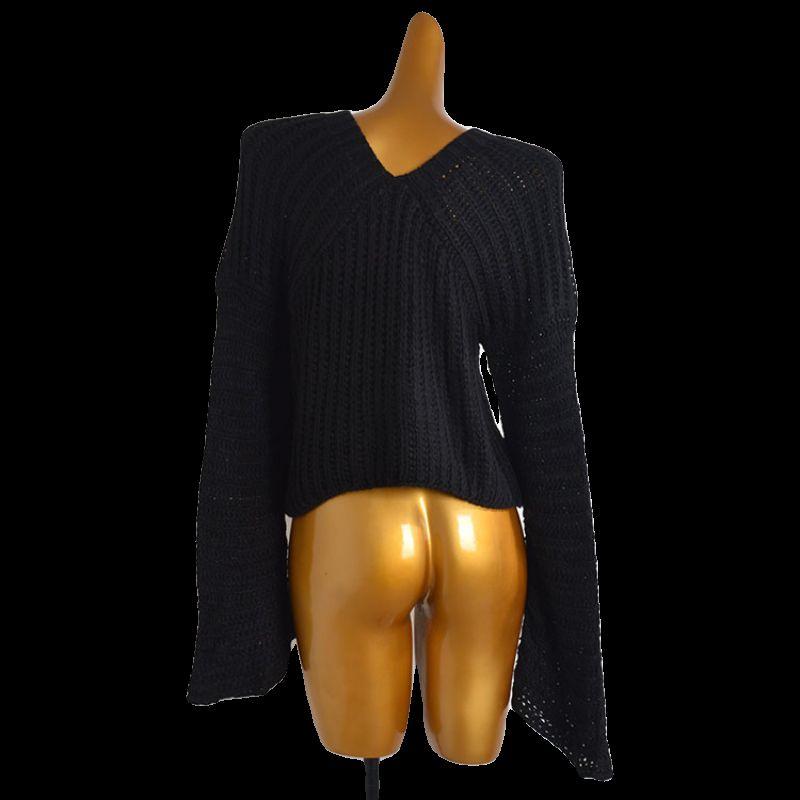 Spring & Fall New Lazy Wind V-neck Long-Sleeve Knitwear Women's Clothing Sexy Cutout Bell Sleeve Loose Sweater Top
