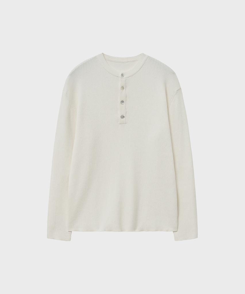 NOIRER Cotton Ribbed Henley Neck Knit (Ivory)