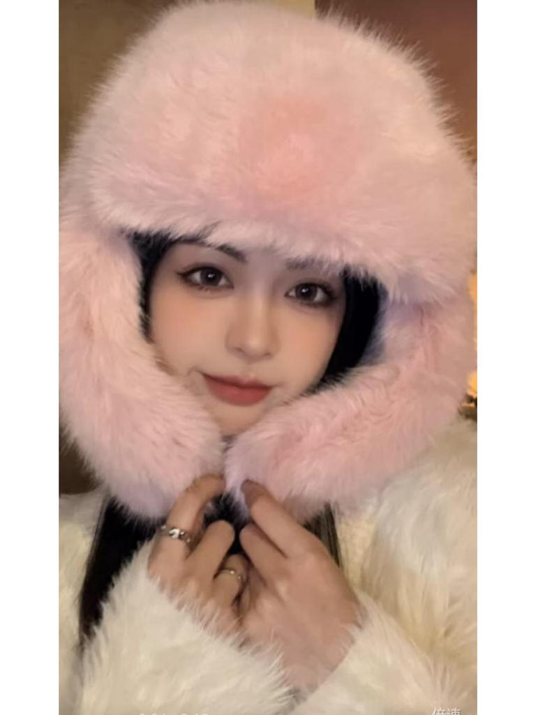 Women's Windproof Faux Fur Plush Winter Hat with Ear Muffs