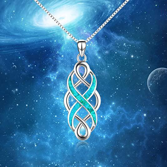 Silver Plated Opal Celtic Knot Pendant Necklace, Infinity Blue Opal Intertwined Box Chain Necklace for Women