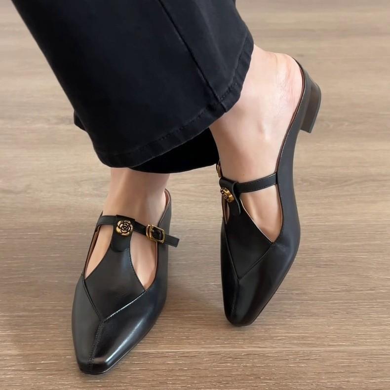 Cowhide Version~ Retro Pointed Camellia Cool Slippers Women Wear Leather Thick Heels Single Shoes