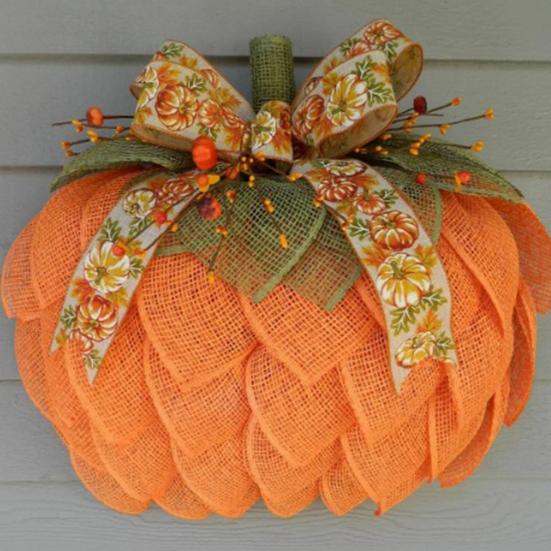 Farmhouse Pumpkin Wreath for Front Door Autumn Burlap Pumpkin Garland with Bows Berries for Fall Halloween Christmas Thanksgiving Home Porch Decor