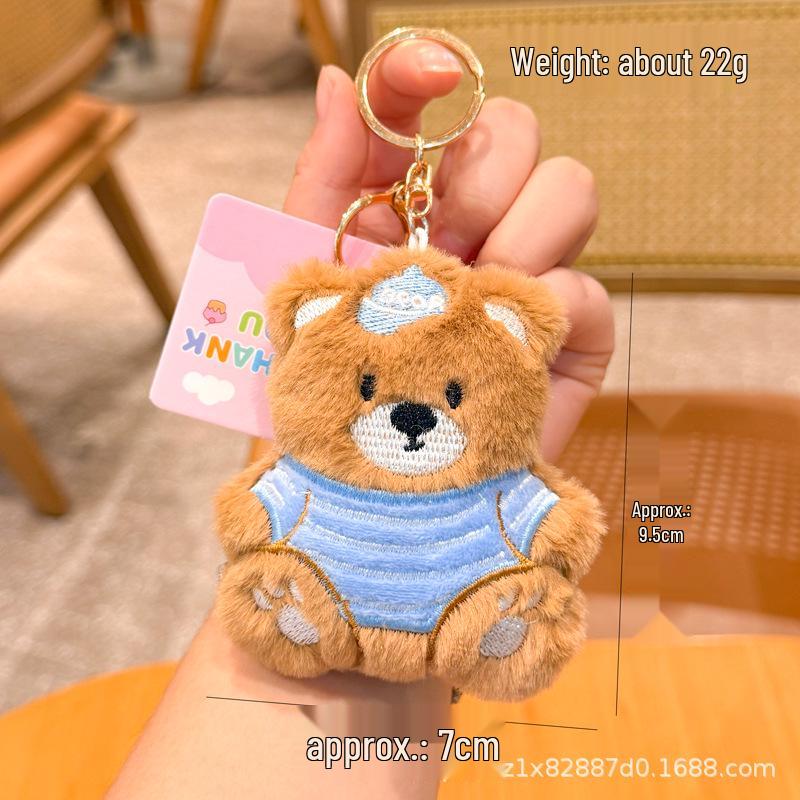 Cartoon Plush Biscuit Bear Keychain with Striped Shirt - Cute Bear Backpack Bag Ornament Red Little Bear