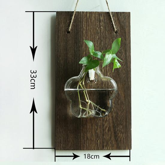 Yousheng Glass Wall Planter Hanging Vase with Wooden Board Oblate Flower Vase for Hydroponics Plants Flowers Home Office Decor