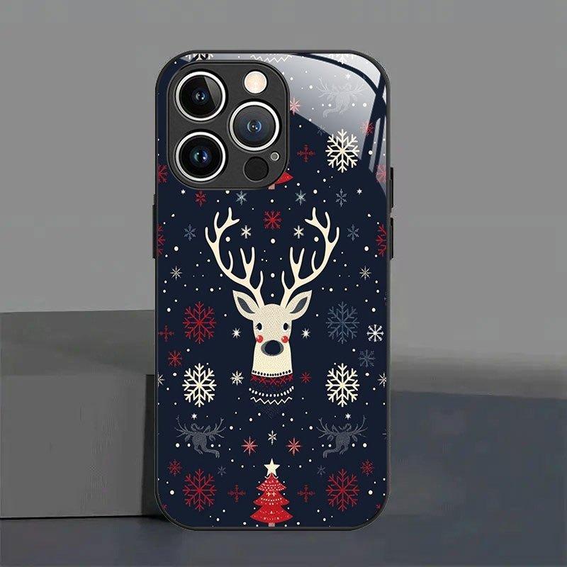 Custodia per Telefono in Vetro con Testa di Cervo e Fiocco di Neve Natalizio per iPhone 17 16 15 14 Pro Max 13 12 11 16E 17Air 7 8 Plus XR XS X Cover