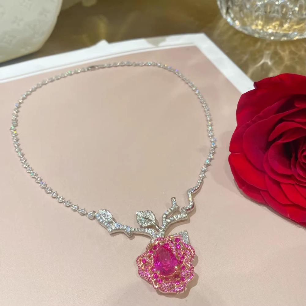 Women's Luxury Bracelet Set with Red Corundum Rose Necklace Gemstone Earrings Camellia Bangle