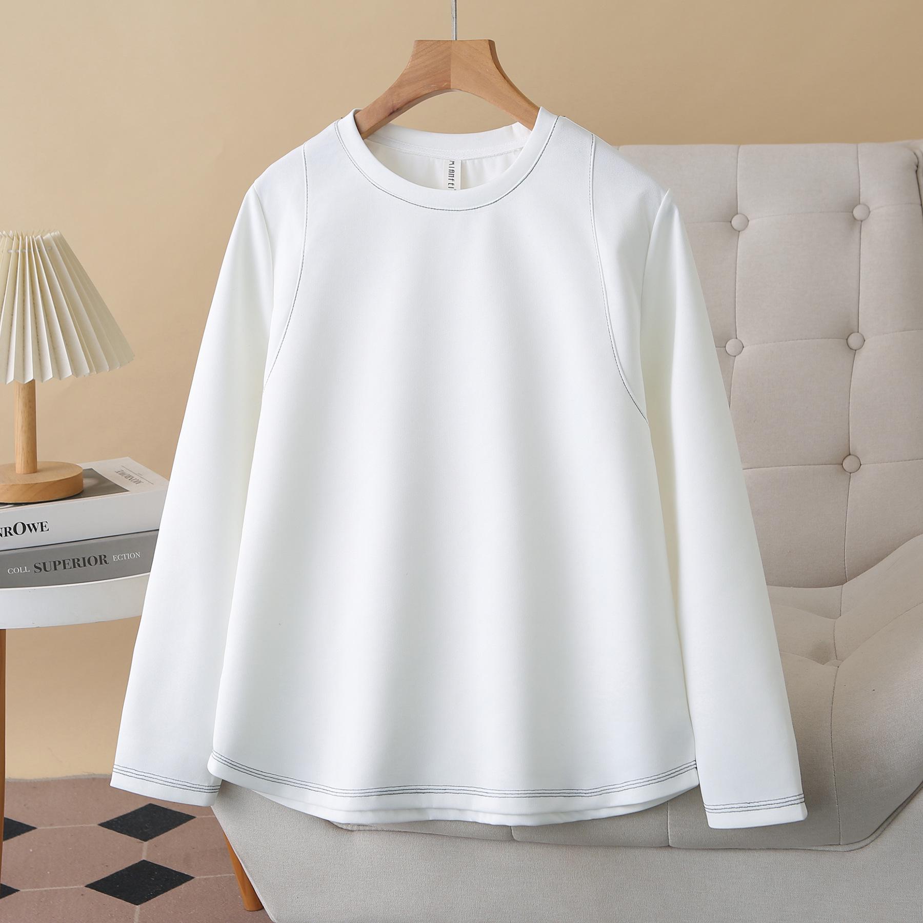 

2026 Spring Women s Plus Size Long Sleeve Contrast Stitch Round Neck Casual Top Hoodie 2XL белый