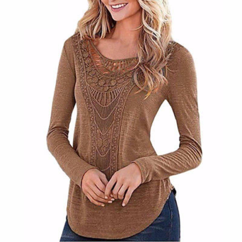 Elegant Lace Patchwork Long Sleeve Cotton Blouse For Women Geometric Design