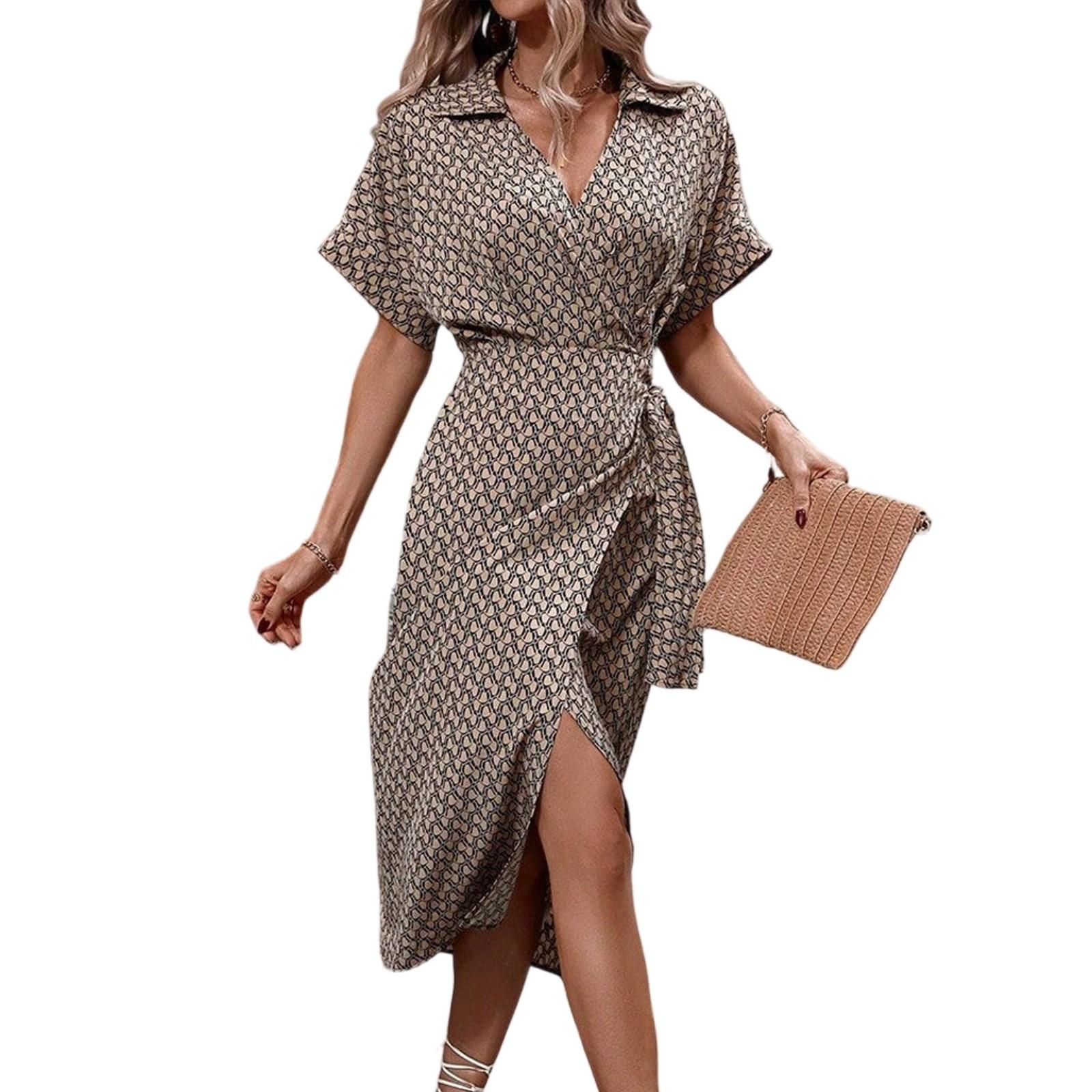 

Женское летнее длинное платье с принтом, повседневное и модное, с поясом, V-образным вырезом и короткими рукавами, удобное платье XL хаки