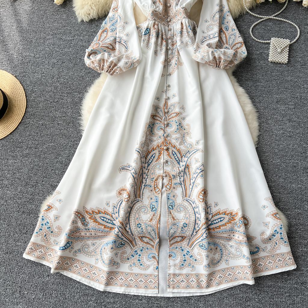 Francouzské retro elegantní dlouhé šaty dámské ve společenském stylu s potiskem paisley dámské Dlouhé šaty do V s výstřihem do V