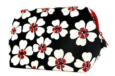 (0113-9) Uni Seni Made In Japan Futago Chirimen Japanese Pattern Wire Pouch [Modern Cherry BlossomBlack]