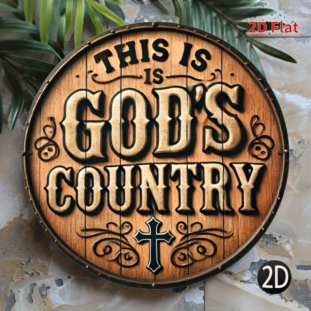 Vintage Metal Wall Art God's Country Round Sign with Cross Leaf Motifs 7.8x7.8 Inch Rustic Indoor Outdoor Decor for Home Cafe Garden