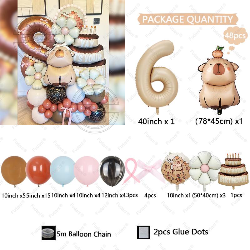 48pcs Kawaii Capybara Cake Theme Aluminium Film Balloon Kids Children Birthday Balloon Toy Baby Shower Decoration Supplies