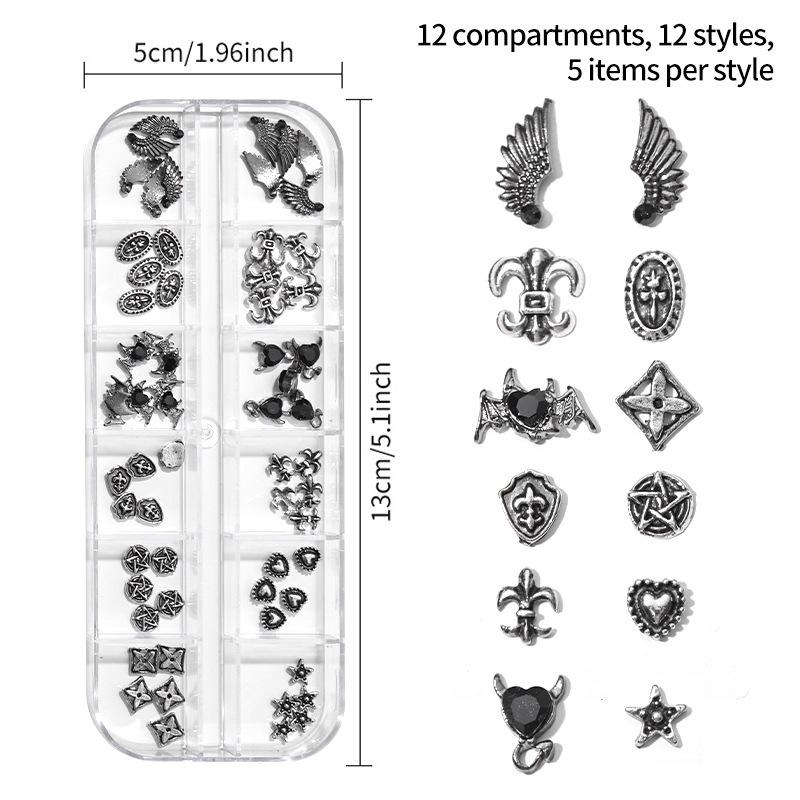 12-Grid Box Chrome Alloy Dark Heart & Pentagram Nail Art Rhinestones
