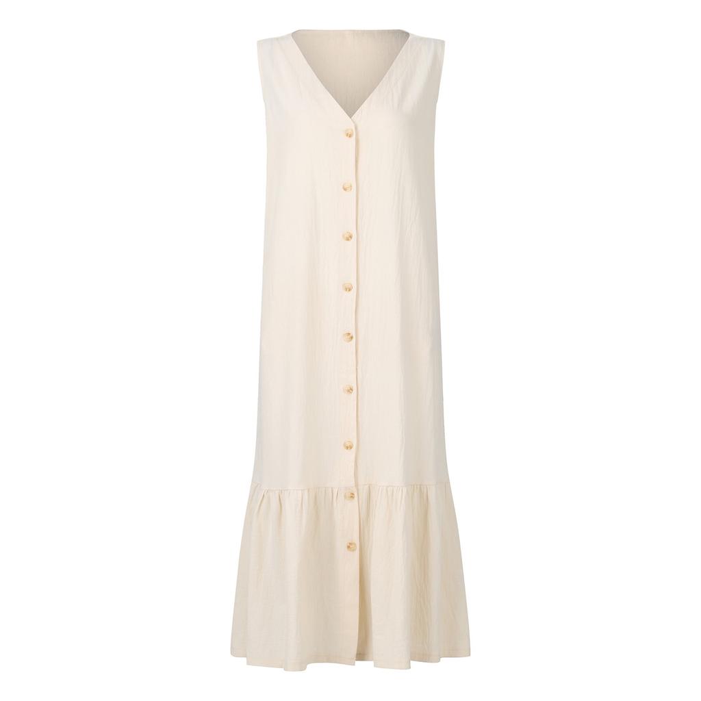 Women's Color Summer Dress Sleeveless V Neck Button Down Casual Pocket Swing Short Dress