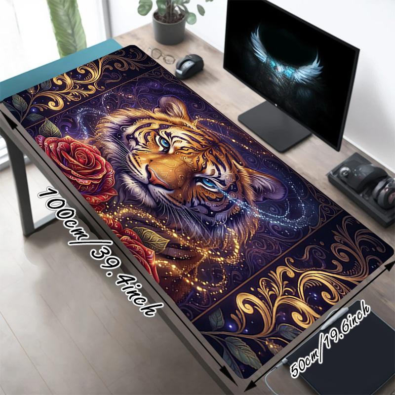 Tiger Rose Xl Gaming Mouse Pad Nonslip Rubber Base Stitched Edge Waterproof Desk Mat For Pc Laptop Gamer Office Computer Accessories C927643