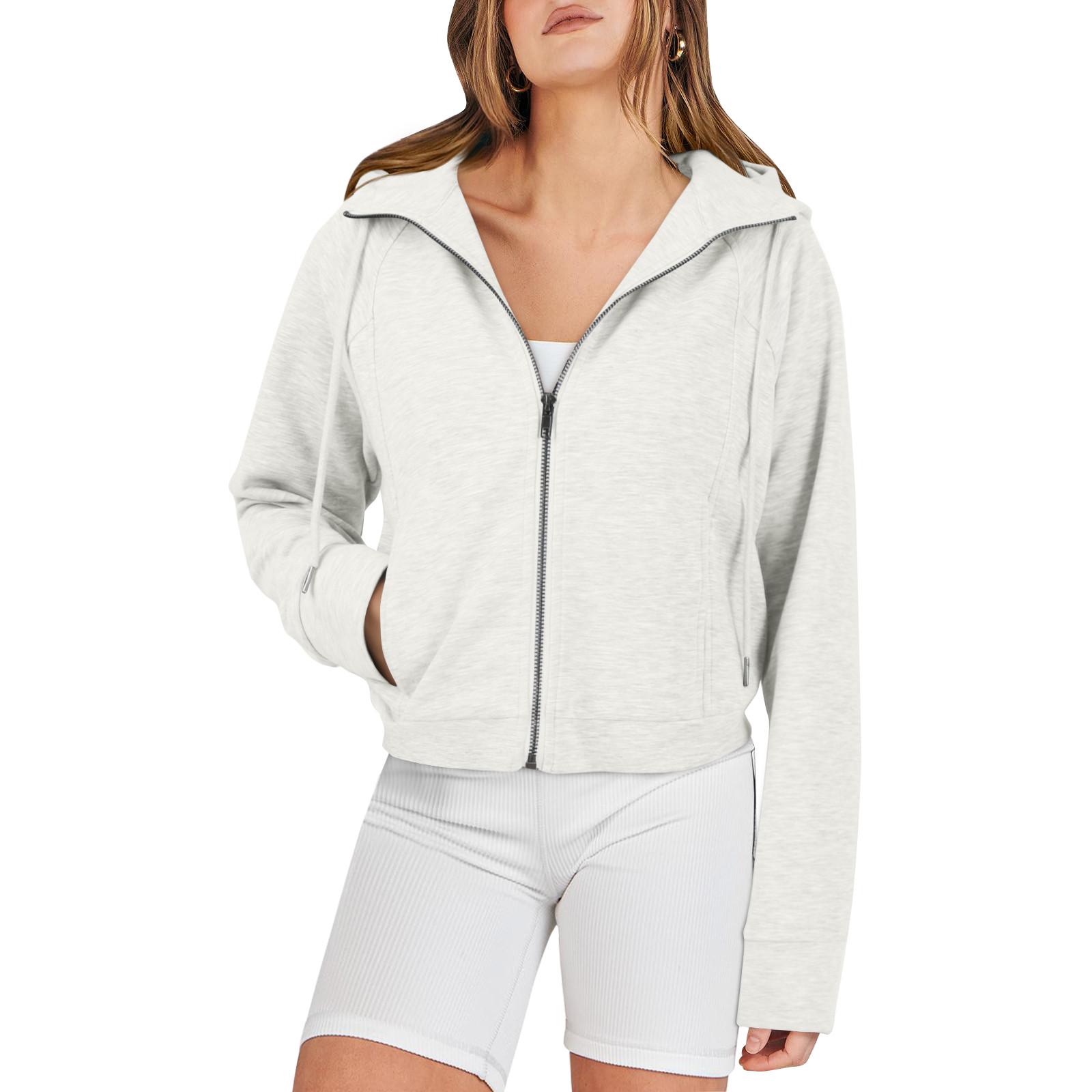 

Женские толстовки с капюшоном на молнии с длинным рукавом, осенние свободные толстовки, куртки с карманами, модная одежда, толстовки с капюшоном для женщин S белый