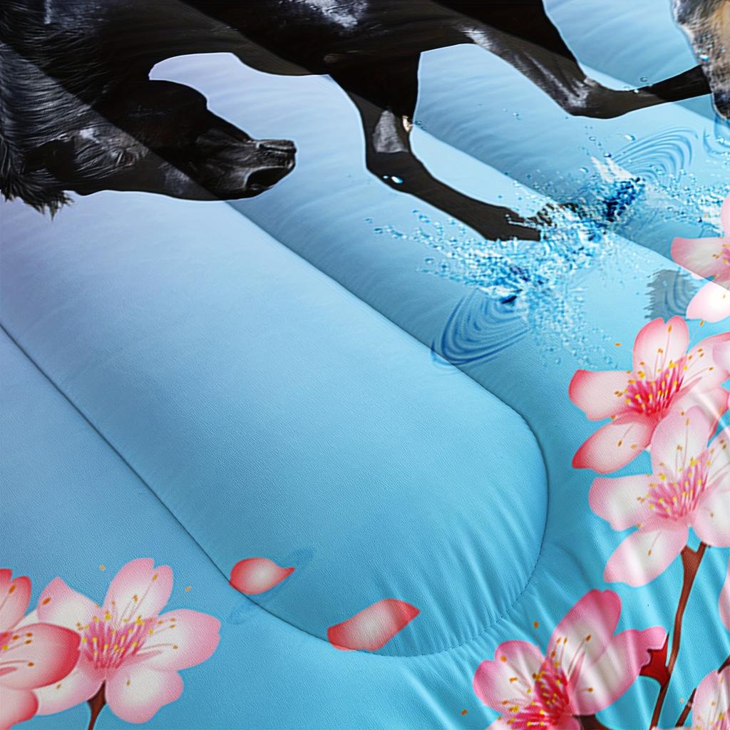 [Horse Comforter Set] 3pcs Horse Comforter Set Floral Animal Theme Handsome Horse Chic Cherry Blossom Bedding Set 3D Wild Anima
