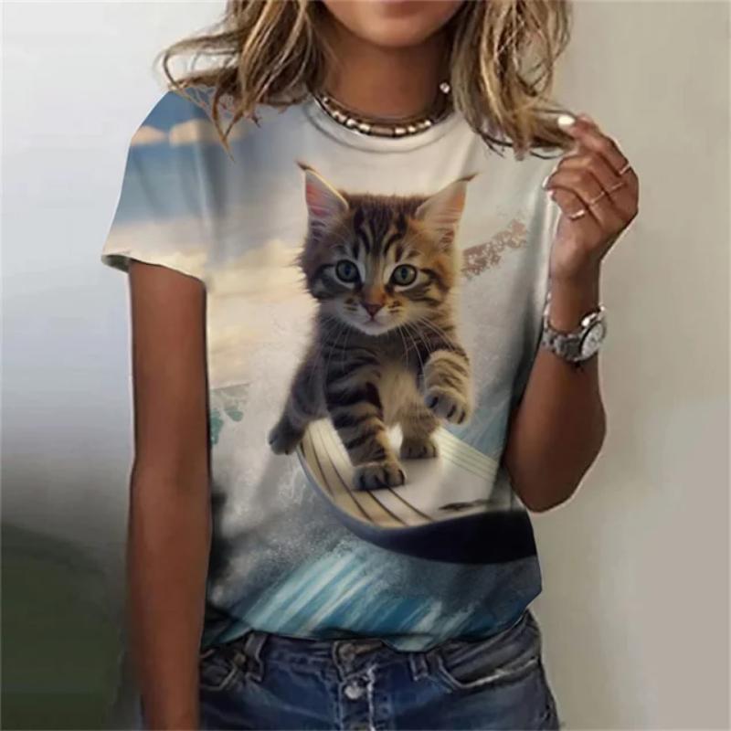 Maglietta da donna alla moda, con stampa 3D, motivo a gatto kawaii, a maniche corte, girocollo, estiva, casual, da strada, semplice