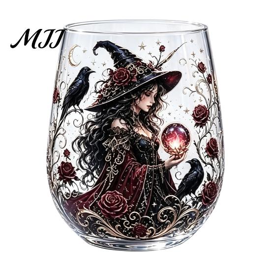 Creative Holiday Gift Fantasy Witch Glass Tea Cup, Gothic Crystal Ball Pattern Tumbler for Halloween Party Glassware Wine Juice, 320ml Vintage