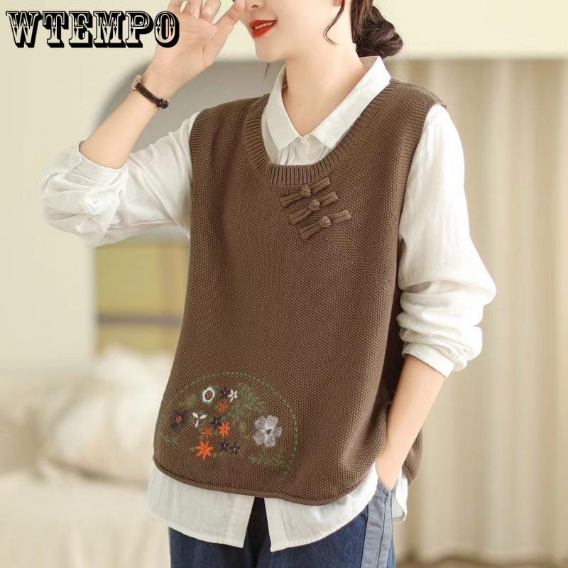 Vestă Tricotată de Damă, Nasturi Culturale, Brodată, Nouă de Primăvară și Toamnă, Vestă Pulover cu Gât Rotund