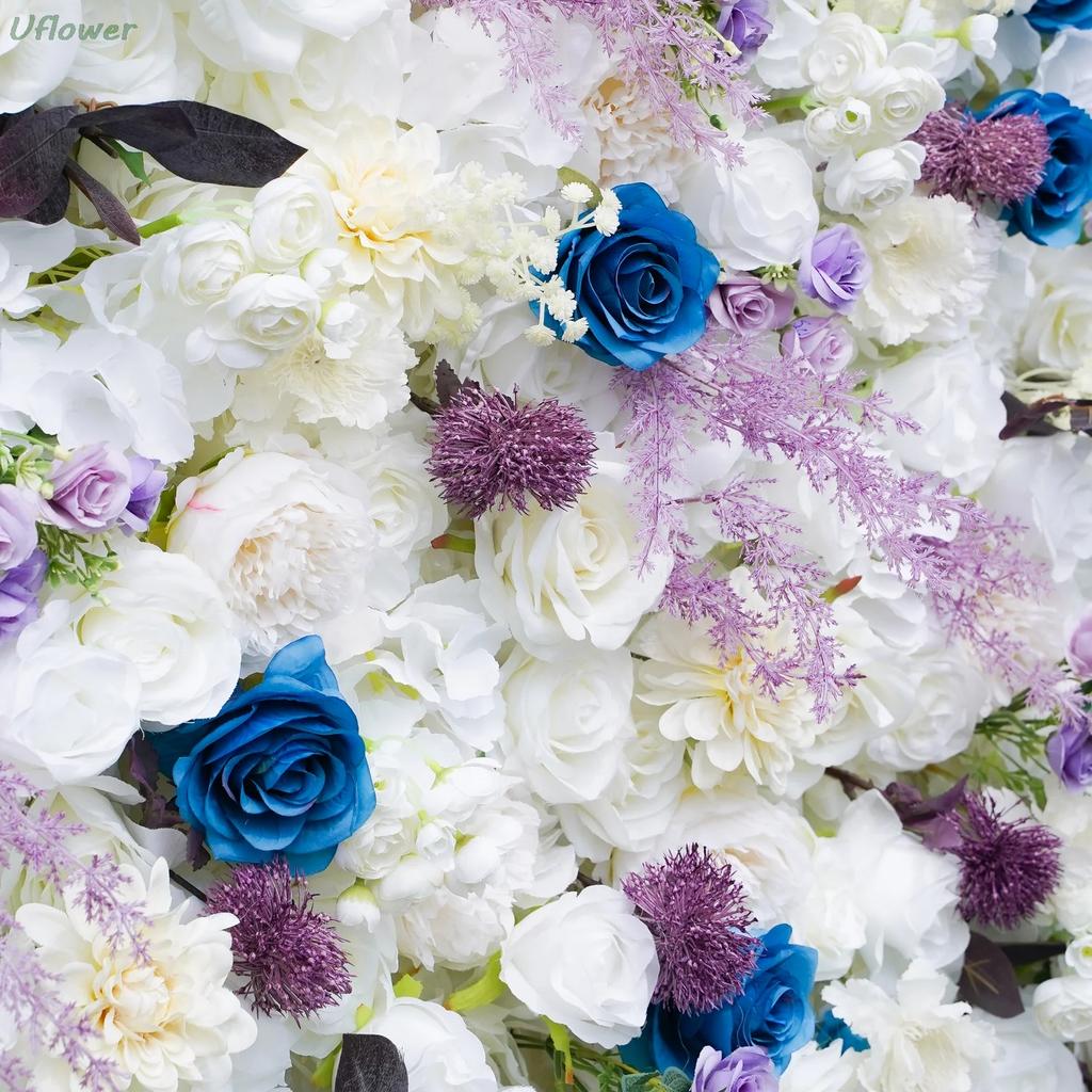 Uflower Artificial Flower Wall Roll-Up White & Purple Fabric Floral Backdrop for Wedding Event Party Decorations Curtain