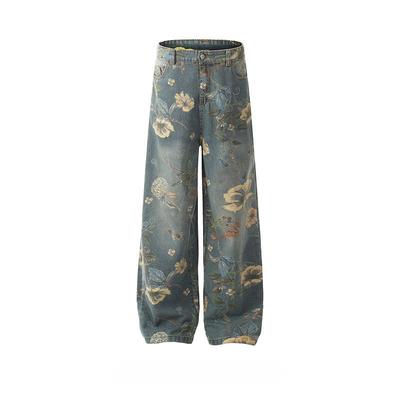 2025 Trendiger Amerikanischer Stil Vintage Druck Locker Geschnitten Weites Bein Jeans Sommer High Street Gerade Bein Herren Damen Freizeithose